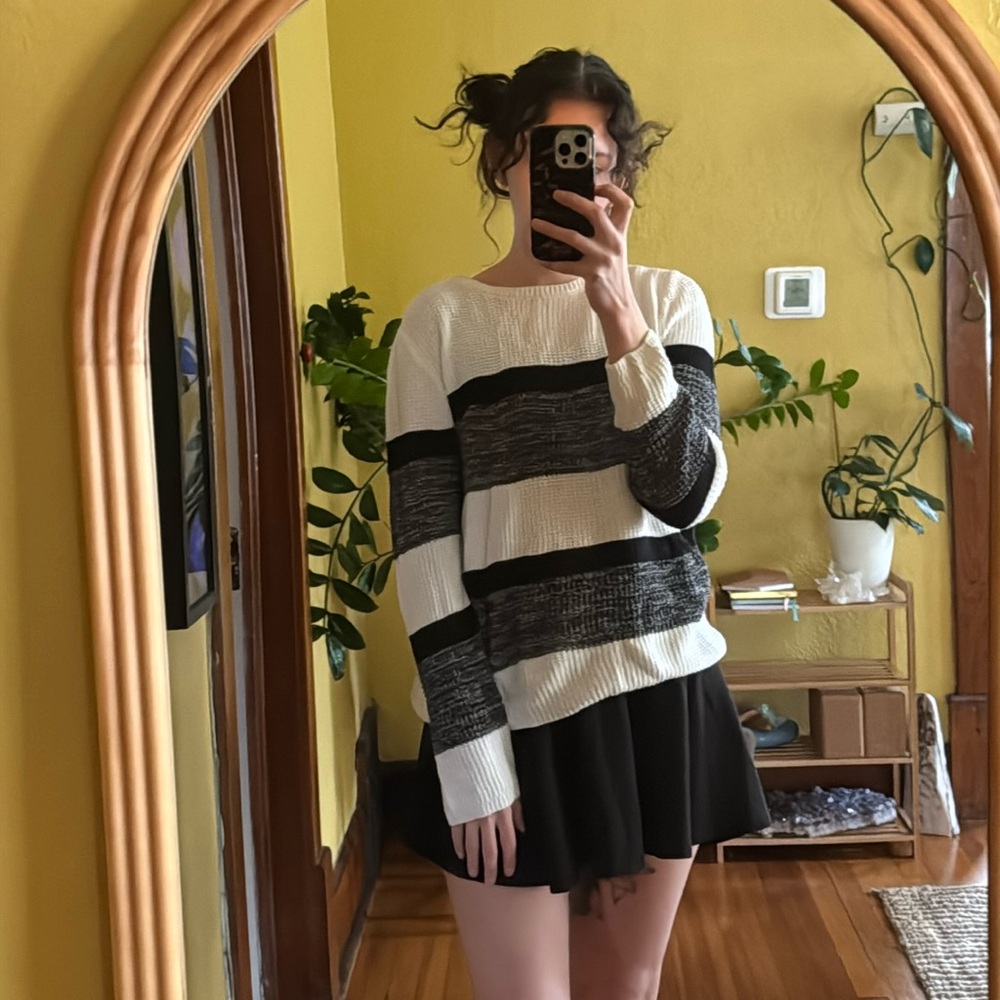 Black white gray striped knit lightweight crewneck sweater
